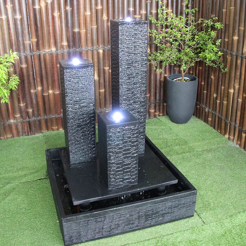 Atlantis Fountain by Galeria Imports top left angle view to see LED lights and into base
