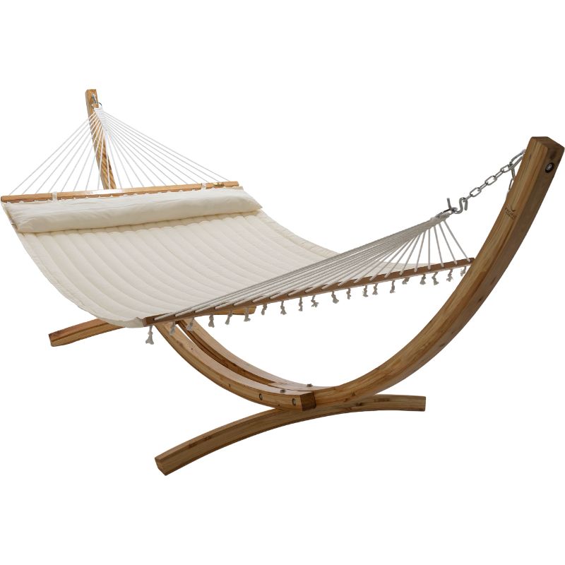 12 ft Natural Wooden Arc Hammock Stand King Quilted-Hammock in Cream