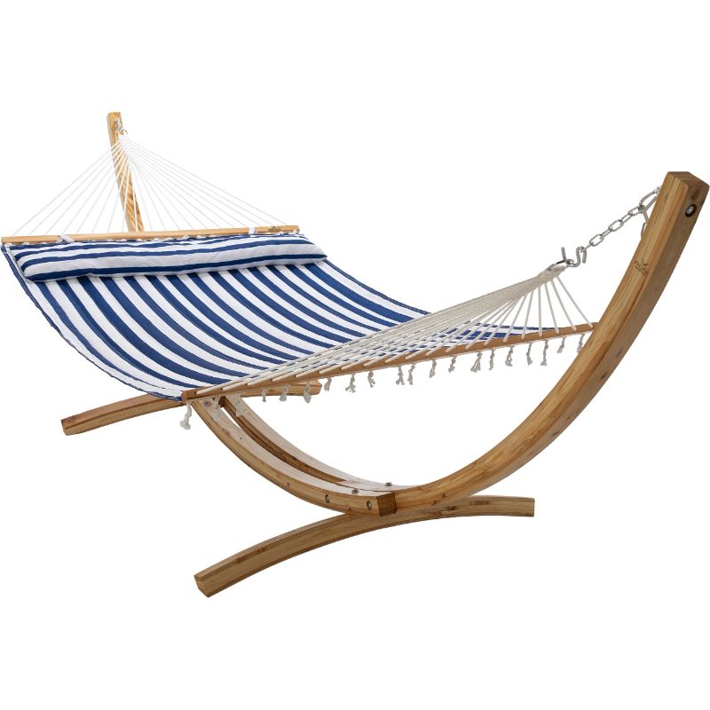 12 ft Natural Wooden Arc Hammock Stand King Quilted Hammock in Hamptons Stripe