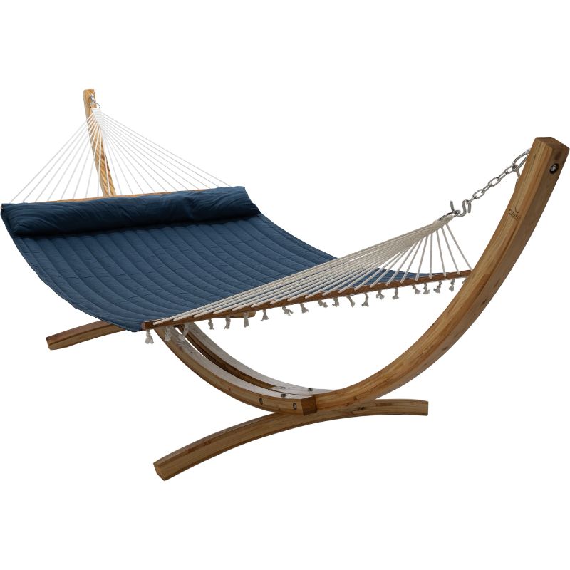 12 ft Natural Wooden Arc Hammock Stand King Quilted Hammock in Navy Blue