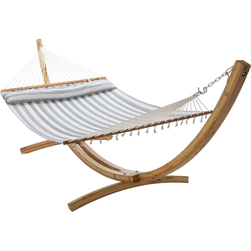 12 ft Natural Wooden Arc Hammock Stand King Quilted-Hammock in Stone Stripe