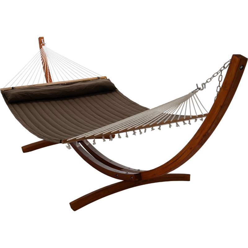 12 ft Natural Wooden Arc Hammock Stand King Quilted Hammock in Brown