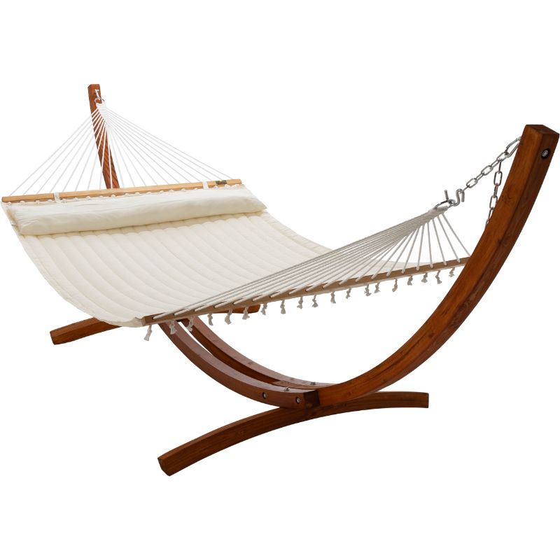 12 ft Wooden Arc Hammock Stand King Quilted Hammock in Cream