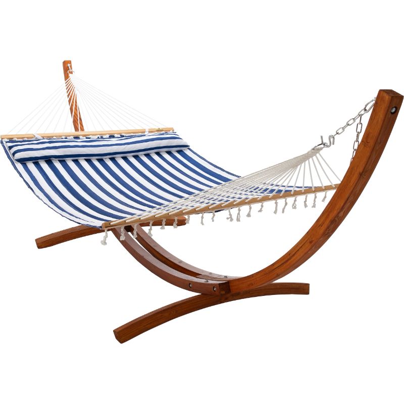 12 ft Wooden Arc Hammock Stand King Quilted Hammock in Hamptons Stripe