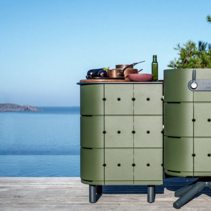 Aluvy Jean Basalt Outdoor Storage Cabinet Kaki outdoor with connected to firepit by the sea