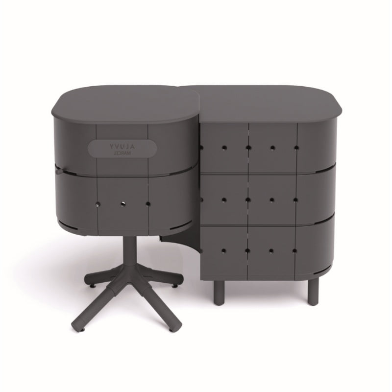 Aluvy Jean Basalt Outdoor Storage Cabinet Right Anthracite connected to a fire pit in White Background