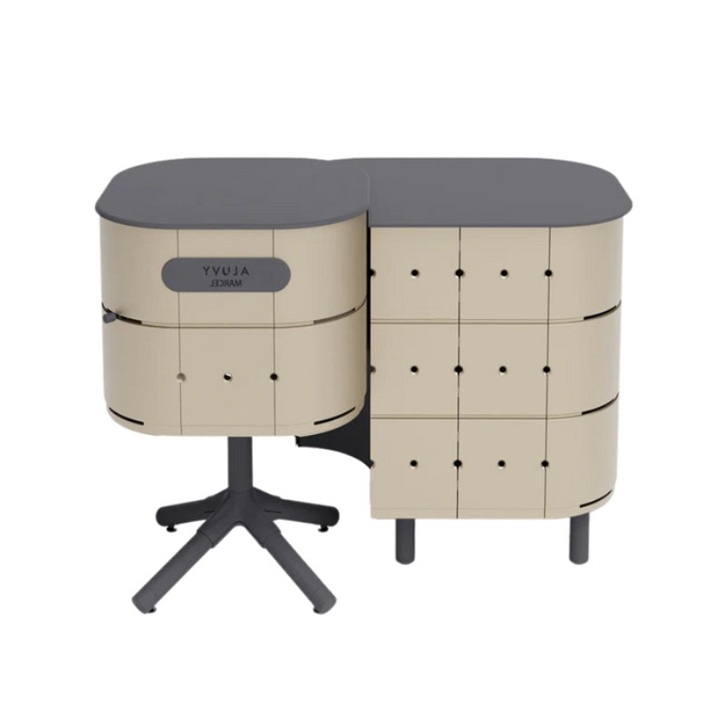 Aluvy Jean Basalt Outdoor Storage Cabinet Right Champagne connected to a Fire Pit in white Background