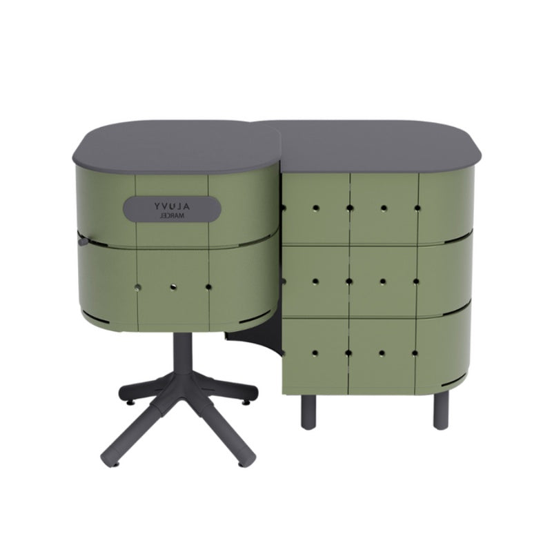 Aluvy Jean Basalt Outdoor Storage Cabinet Right Kaki connected to a firepit