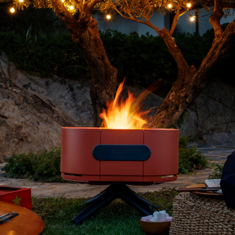 ALUVY SAM Low Brazier Terracota  with Flames at night