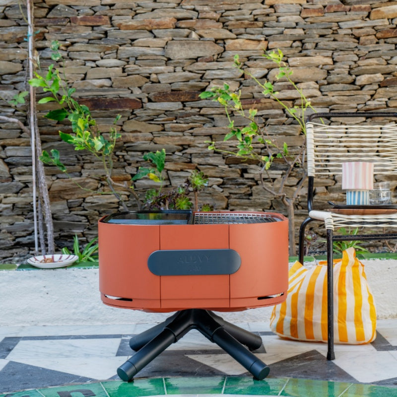ALUVY SAM Low Brazier Terracota Wit open Grill with Rock wall