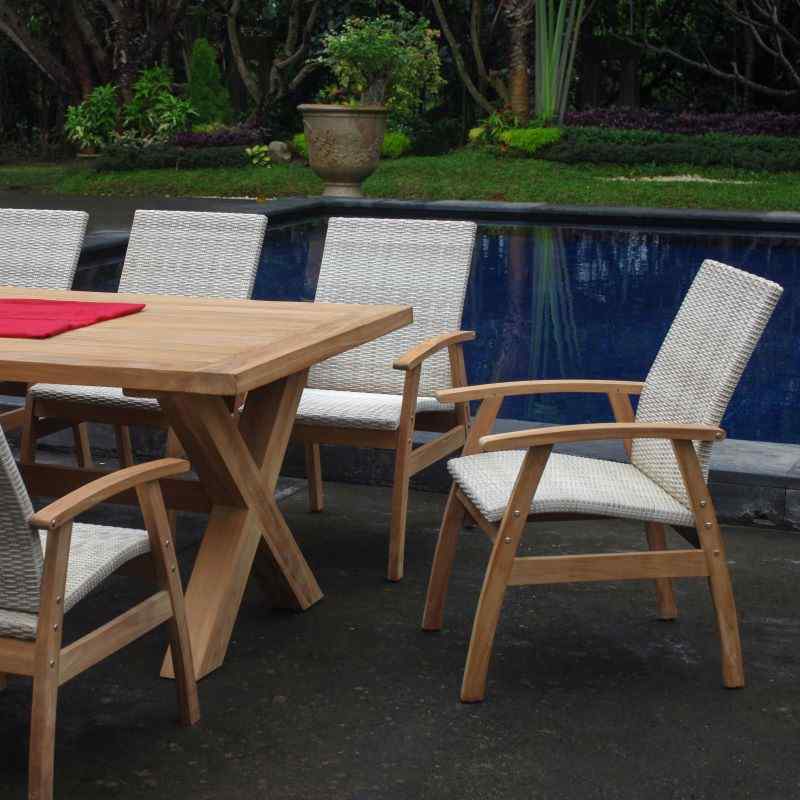 East India Teak Alexander Cross Leg Table with close up of Flinders Wicker chairs