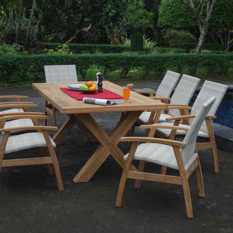 East India Teak Alexander Cross Leg Table with Flinders Wicker chairs