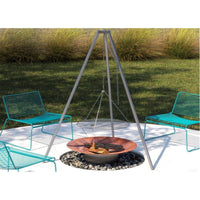 Alfred Riess Steel Tripod Pot and Grill Holder with firepit under with blue chairs