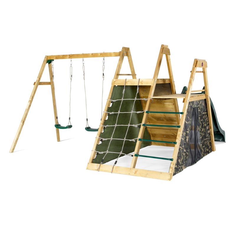 Climbing Pyramid Wooden Climbing Frame with swings on white Backgound