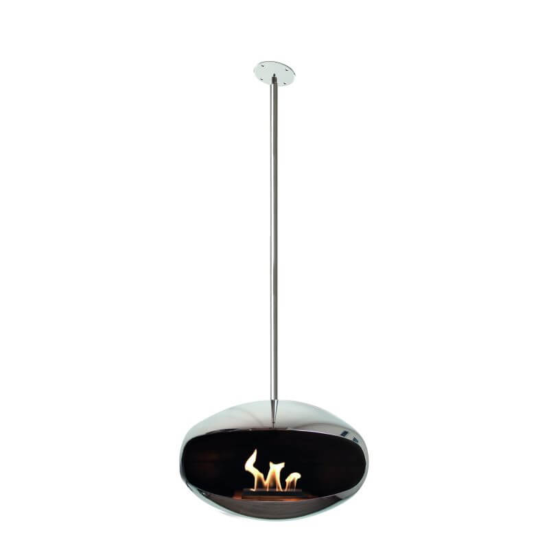 Cocoon Aeris Ethanol Fireplace in Stainless Steel with Angled Ceiling Bracket