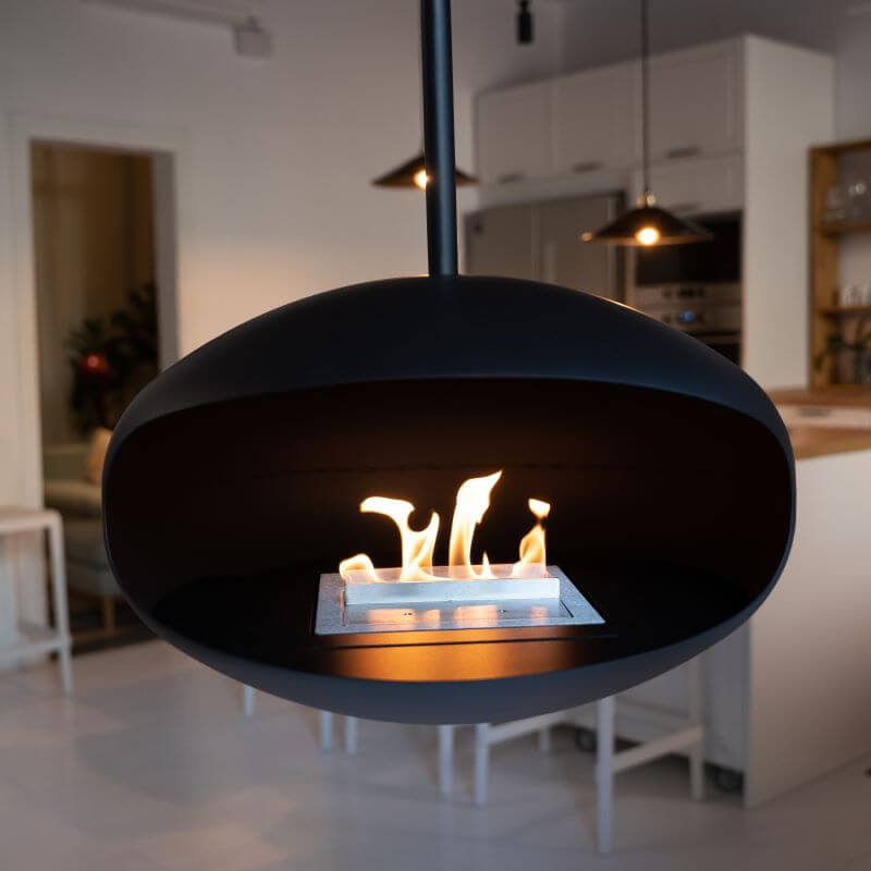 Cocoon Fires Aeris Fireplace Up Close in Black