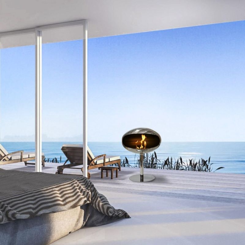 Cocoon Fires Pedestal Fireplace Stainless Steel by the Ocean