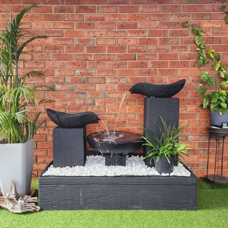 Double Wave Fountain Charcoal with pebbles and plants