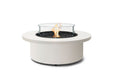 EcoSmart Fire Mimosa 40 Fire Pit Bowl bone color with fire screen and ceramic burner with fire burning.