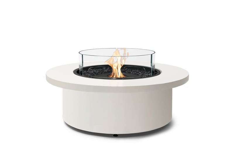EcoSmart Fire Mimosa 40 Fire Pit Bowl bone color with fire screen and ceramic burner with fire burning.