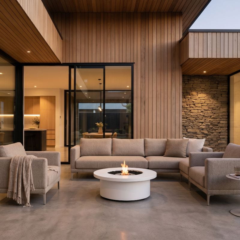 ExcoSmart Fire Table in Bone on the patio by the sofa