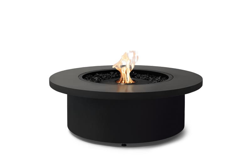 EcoSmart Fire Mimosa 40 Fire Pit graphite Bowl with fire burning and blac burner.