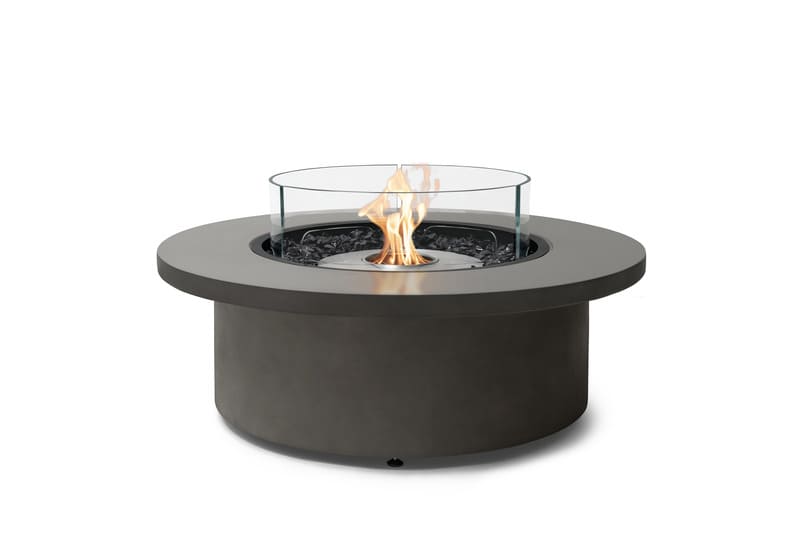 EcoSmart Fire Mimosa 40  Natural Fire Pit Bowl with stainless steel burner, fire screen and fire on a white background.