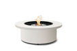 EcoSmart Fire Mimosa 40 Fire Pit Bowl bone color without a fire screen and stainless steel burner burning with fire. 