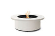 EcoSmart Fire Mimosa 40 Fire Pit Bowl bone color with fire burning and a ceramic burner all on a white background.