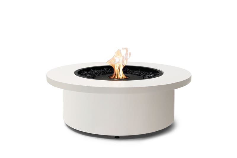 EcoSmart Fire Mimosa 40 Fire Pit Bowl bone color with fire burning and a ceramic burner all on a white background.