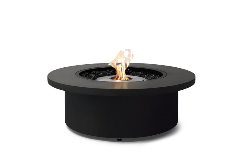 EcoSmart Fire Mimosa 40 Graphite Fire Pit Bowl with fire and stainless steel burner.