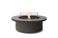EcoSmart Fire Mimosa 40 Fire Pit Natural Bowl with black burner, fire screen and fire on a white background.