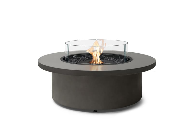 EcoSmart Fire Mimosa 40 Fire Pit Natural Bowl with black burner, fire screen and fire on a white background.