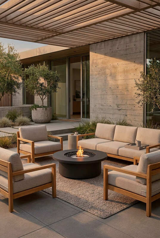 EcoSmart Fire Mimosa 40 Fire Table in the courtyard surrounded by chairs