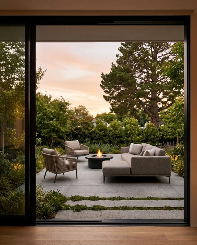 EcoSmart Fire Mimosa 40 Fire Table in a green garden.