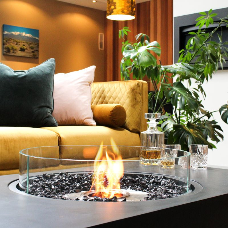 Ecosmart Fire Martini 50 Fire Table Graphite with glass screen in the living room