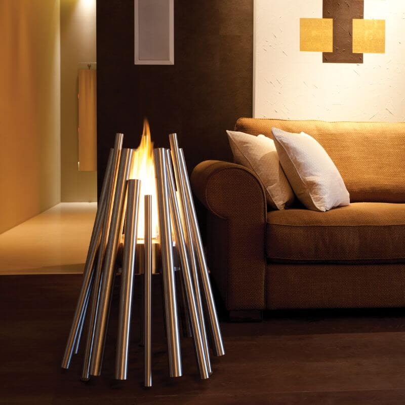 Ecosmart Fire Stix Fire Pit Stainless Steel beside Brown Sofa