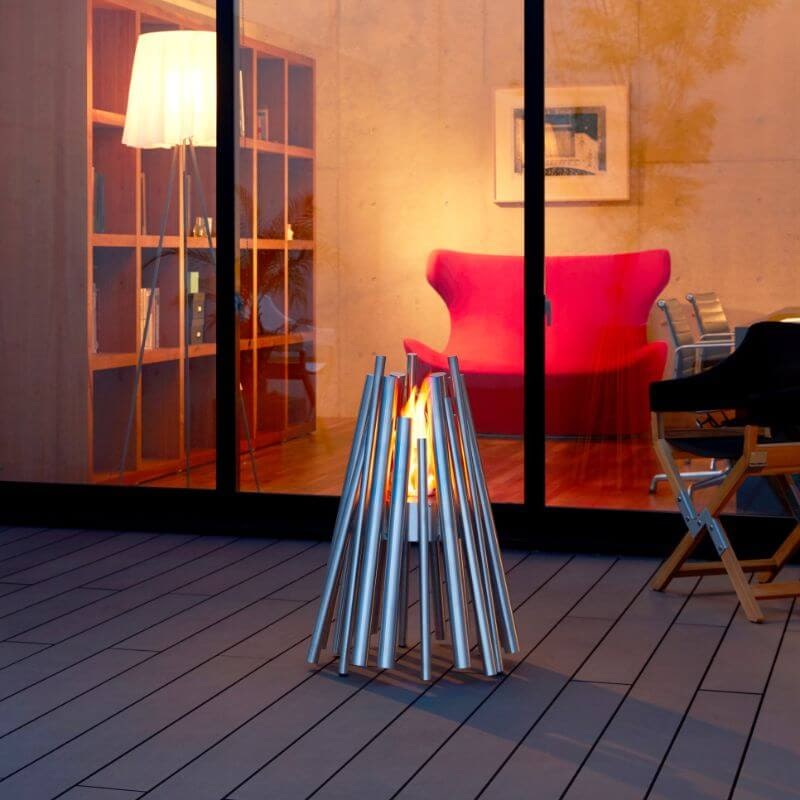 Ecosmart Fire Stix Fire Pit Stainless Steel with Glass door and red sofa background