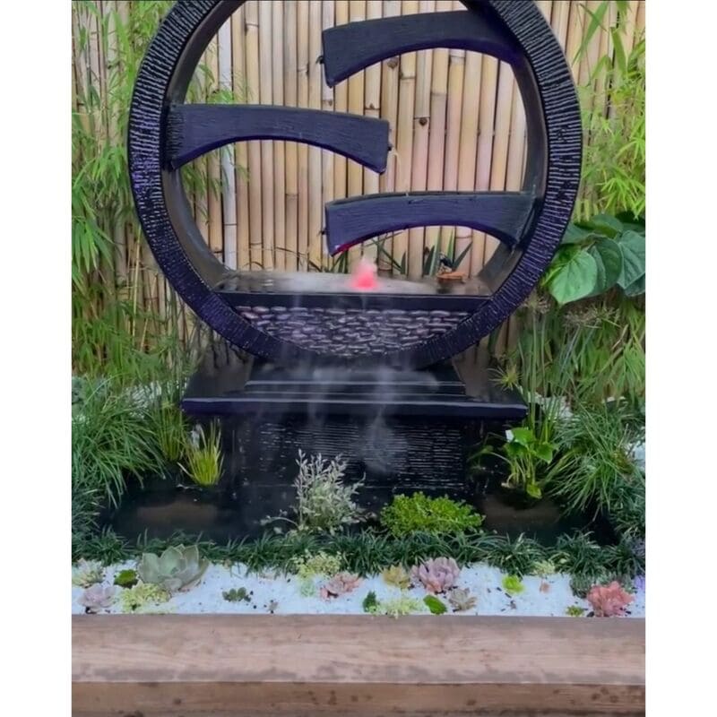 Galleria Imports Wagon Wheel Fountain  Large Charcoal with flowers