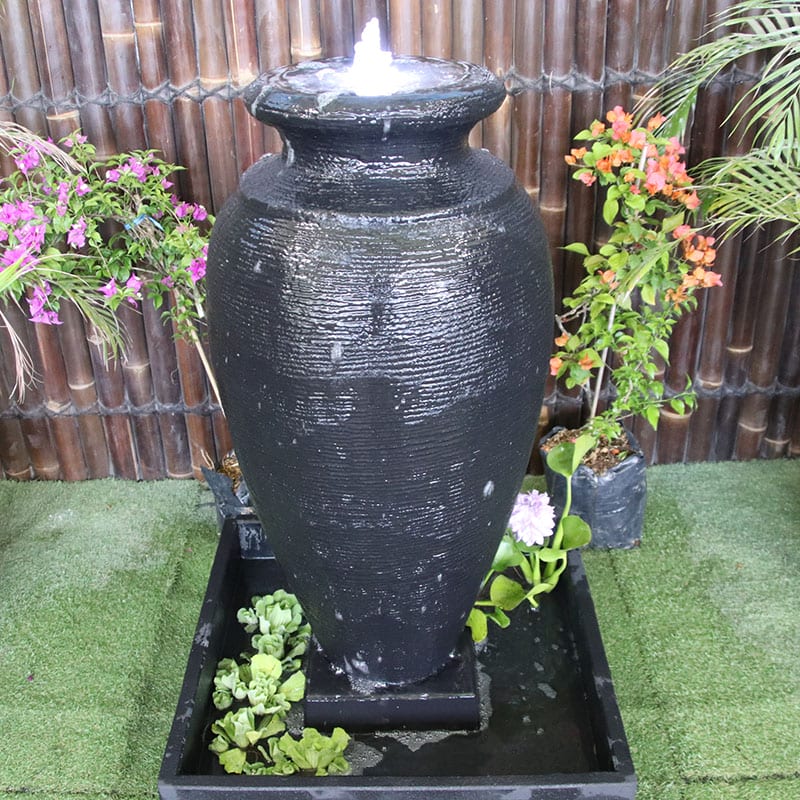 Galleria Amphora water feature front view close up to see LED light and pond