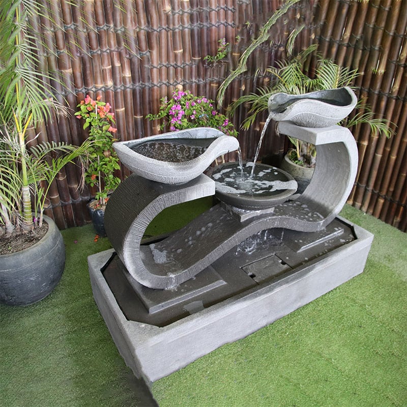 Galleria's grey Infinity water fountain from top left view looking into the water feature