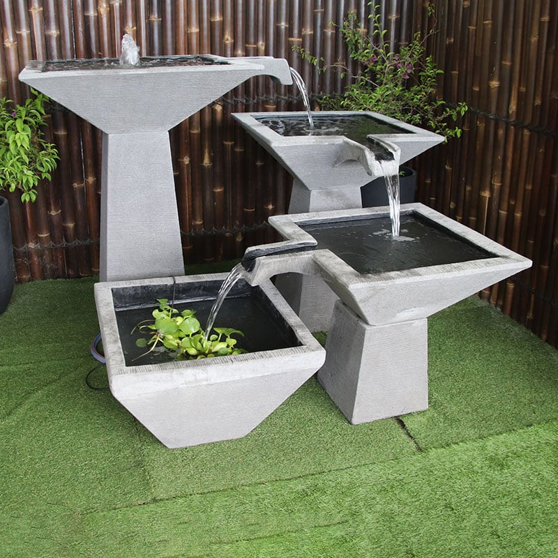 Galleria Imports 3 tier cascade fountain large grey left top angle view