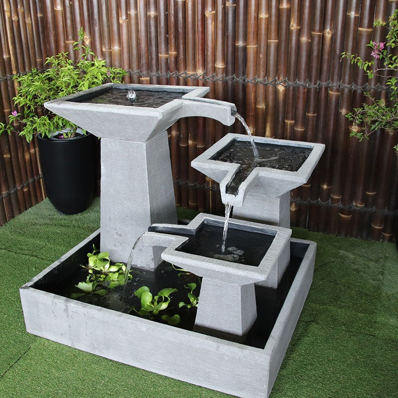 Galleria Imports 3 tier cascade fountain medium grey top right angle view