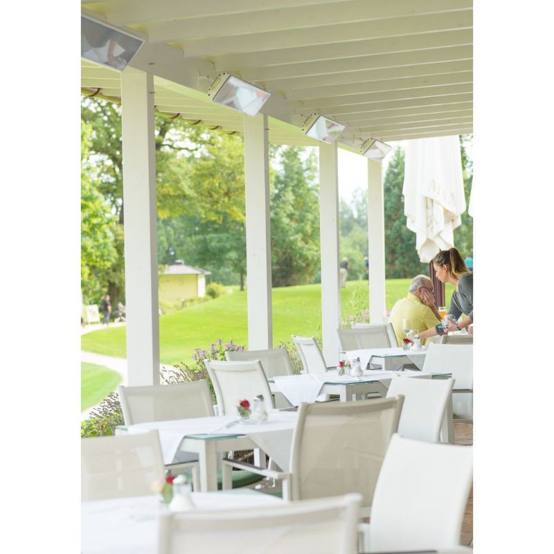 Heatscope Vision 3200W White under white Pergola and furniture
