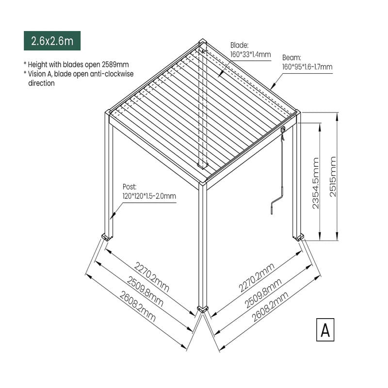 Luxi Living Atlantic Manual Freestanding Louvre Roof Aluminium Pergola - 2.6x2.6m dimensions