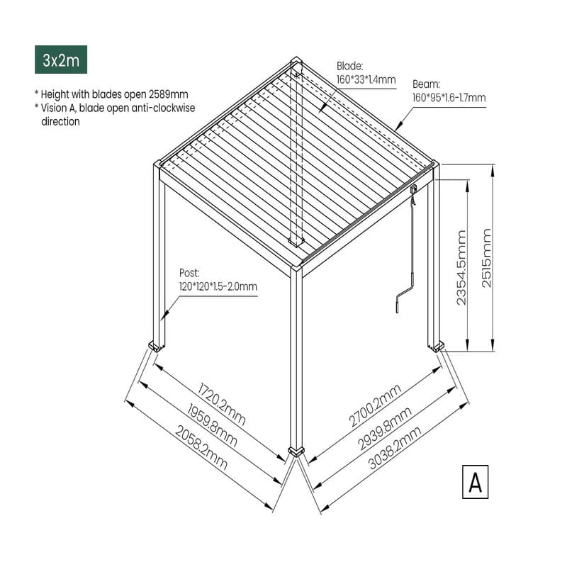 Luxi Living Atlantic Manual Freestanding Louvre Roof Aluminium Pergola - 3x2m dimensions