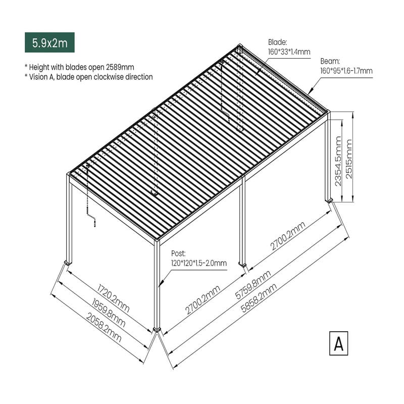 Luxi Living Atlantic Manual Freestanding Louvre Roof Aluminium Pergola - 5.9x2m dimensions