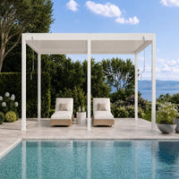 Luxi Living Atlantic Manual Freestanding Louvre Roof Aluminium Pergola  white pergola by the pool.