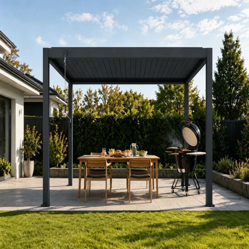 Luxi Living Atlantic Manual Freestanding Louvre Roof Aluminium Pergola - open barbeque under grey pergola