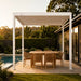 Luxi Living Atlantic Manual Freestanding Louvre Roof Aluminium Pergola-3 x 3m pergola with wooden chairs